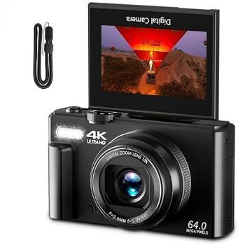 LEQTRONIQ 4K UHD 64MP Digital Camera with 3 Inch 180° Rotation Flip Screen, 18X Digital Zoom, Autofocus, Self Timer; Compact Camera for Photography, Webcam, YouTube Vlogging (Black)