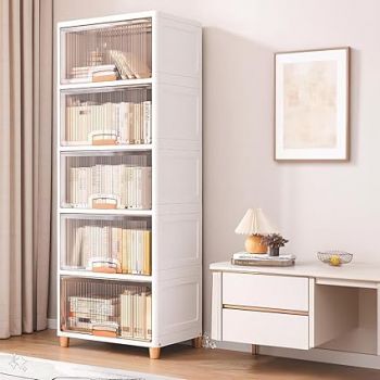 DecoLogy Plastic Multipurpose Bookshelf Organiser Rack for Living Room, Kitchen, Bedroom, Office (Cupboard Rack - Transparent Window, 5PCS)