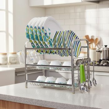 Palomino 3 Layer 18 Inch Kitchen Rack Wall Mount Kitchen Dish Rack Plate Cutlery Stand/Kitchen Utensils Mini Rack for Modern Utensils Holder (Steel, 15 x 18 inch)