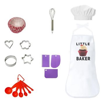 Style Secrets Combo of Baking Apron Kit - Apron with Cap, 3Scrappers, 1Whisk, 1Set of Measuring Spoon, 20 Paper Cupcakes Moulds, 4 Mix Sizes Cookies Cutting Moulds for Kids, Baker