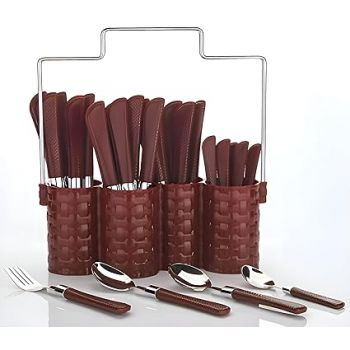 Plantex Cutlery Set/Spoon Set/Spoon Stand for Kitchen and Dining - 25 Pieces - Brown, Stainless Steel, Virgin Plastic