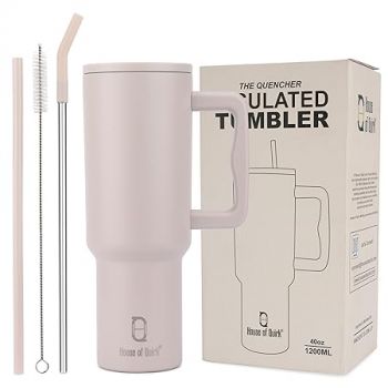 House of Quirk 1200ML Stainless Steel Tumbler Hot and Cold with Handle and Lid 2 Straw, Double Insulated Cup Leak Proof Mug Cupholder for Gym, Travelling (Oatmeal)