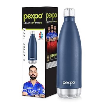 Pexpo Electro Pro 1000 Hot & Cold ISI Certified | Stainless Steel Water Bottle - 980ml, Denim Blue | Thermoflask | Office Bottle | Workout | Travelling | Home | RCB Edition