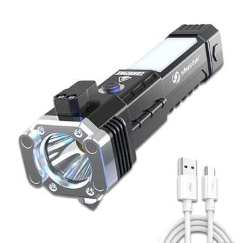 Torch LED Light 3W Rechargeable Long Distance Beam Range with Power Bank, Car Rescue Hammer & Strong Magnets, Window Glass & Seat Belt Cutter Built Portable LED Flashlight 4 Modes Indoor & Outdoor