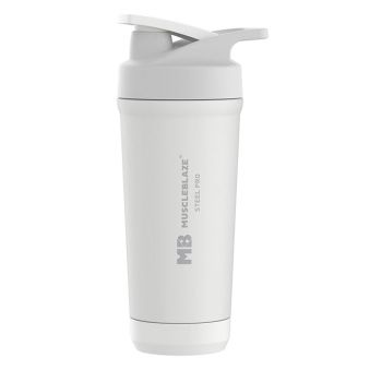 MuscleBlaze Steel Pro Shaker 700 ml with Steel Whisk, Leakproof Gym Shaker Bottle for Supplements, Pristine White