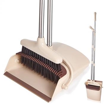 XXXFLOWER Large Broom and Dustpan Set with 54.5" Long Handle for Indoor Outdoor Home Kitchen Office Room Pet Dog Hair Lobby Wood Floor Use Upright Stand Up Broom and Dustpan Combo（Beige