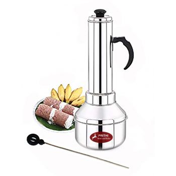 Prithi Home's and Kitchen Stainless Steel Induction Friendly Puttu Maker/Puttu Kudam With Steamer Plate,Steel Stick And Lid- 1 Unit- Long- 17.5 Cm, 1.3 Liter, silver