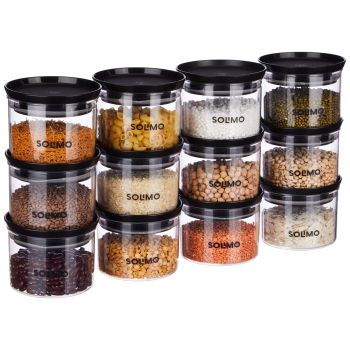 Solimo Plastic Storage Jar and Container Set I Air Tight & BPA Free Containers for Kitchen Storage Set I Grocery Kitchen Container Set I Multipurpose Jar, 500 Ml Each, Set 12, Black