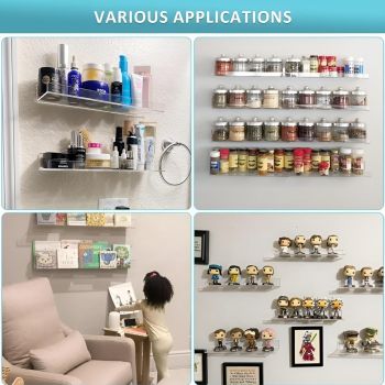 WIZZARTPRINTS Acrylic Floating Shelves 15 Inch Clear Acrylic Shelf | Thick Invisible Acry-LIC Wall Display Shelf 4 mm | Book Shelves for Bedroom, Living Room, Bathroom, Office Wall (Pack of 6)
