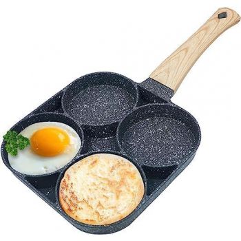 Winkelen 4-Hole Non-Stick Egg Frying Pan with Detachable Wooden Handle - Multi-Purpose Pan for Omelets, Burgers, Poached Eggs, Pancakes, Crepes Breakfast cookware in The Kitchen - Black