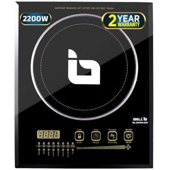 IBELL CROWN200Y Induction Cooktop 2200 Watt, Auto Shut Off, 2 Year Warranty, Crystal Glass Top, Touch Buttons, 8 Cooking Modes, Over Heat Protection, Big Size (Black)