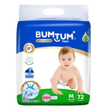 Bumtum Baby Diaper Pants, Medium Size, 72 Count, Double Layer Leakage Protection Infused With Aloe Vera, Cottony Soft High Absorb Technology