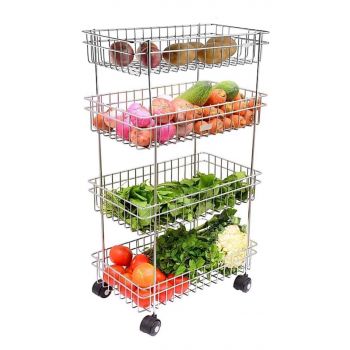 Privesh® Stainless Steel Modern Kitchen Storage Rack Folding Perforated Design Trolley Spice Fruits and Vegetable Onion Potato Organizer Stand Trolley with Wheel Kitchen Trolley (4 Layer Trolley)