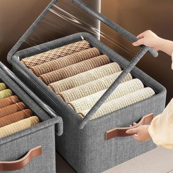 ROMINO 26L Large Capacity Wardrobe Foldable Stackable Container Organizer Metal Frame Basket Set with Zipper & Lid, Large Clear Window & Carry Handles for Bedding, Clothes
