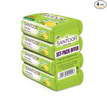 Santoor Fresh Skin Aloe Vera & Lime Bathing Soap with Nourishing & Anti-Aging Properties| For Smooth & Soft and Younger-Looking Skin| For All Skin Types| 125g, Pack of 4