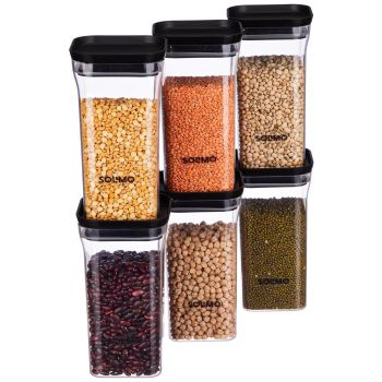 CDP Solimo Plastic Storage Jar and Container Set I Air Tight & BPA Free Containers for Kitchen Storage Set I Grocery Kitchen Container Set I Multipurpose Jar, 1100 Ml Each, Set 6, Black