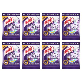 Harpic DrainXpert Drain Cleaner Powder Sachets (Pack of 8) | Removes Blockages in Pipes, Sinks & Septic Tanks| Works within 15 minutes | Melts Grease & Dissolves Hair,(8 Units *45g Each)360 g