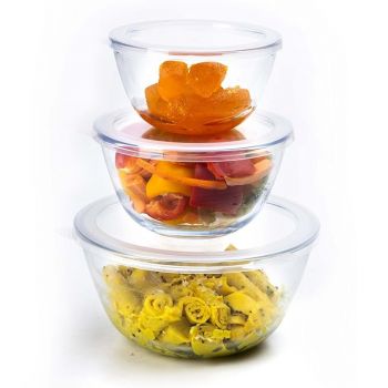AGARO Borosilicate Glass Mixing Bowl with Lid, 3 Pcs Set (500ml, 800ml &1600ml), Serving Bowl, Kitchen, Oven & Microwave, Dishwasher and Freezer Safe, Scratch Resistant, Round, Transparent