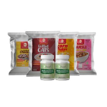 Cornflakes , Oats & Chocos ,  Muesli fruit and nut & Multivitamin Tablets Combo  (1 kg muesli (2 pack 500 gm) | 2.5 kg cornflakes(  5 pack  500 gm)|1Kg Oats |500g Chocos|Multivitamin Tablets 2 Bottle's) 11 Sets